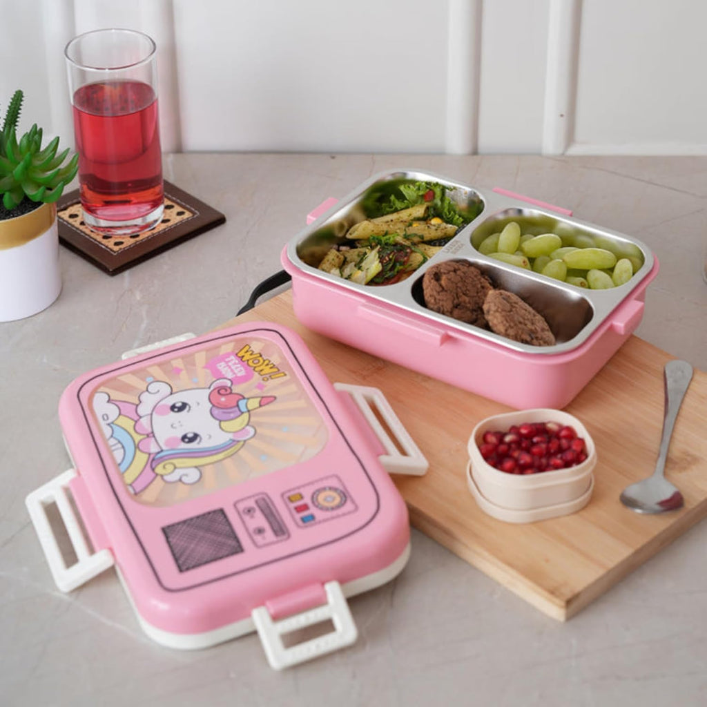 Pink cartoon-themed lunch box with compartments on a kitchen counter.