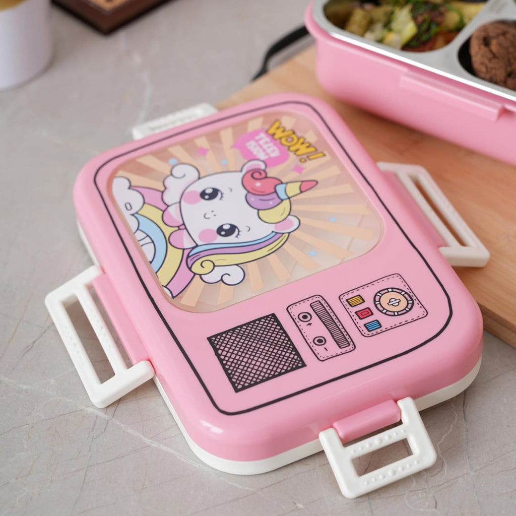 Pink cartoon lunch box with a character on a table