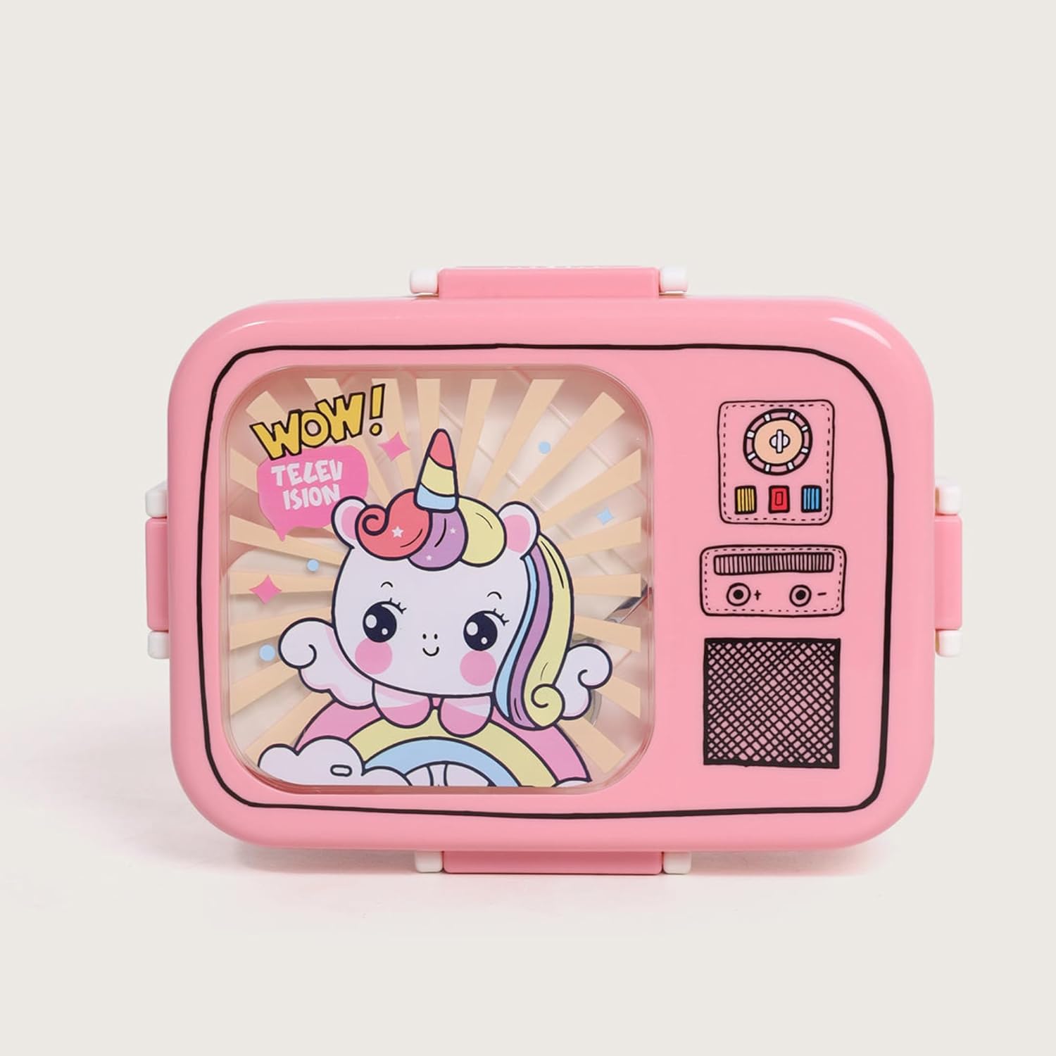 Pink toy with a cartoon character on a white background