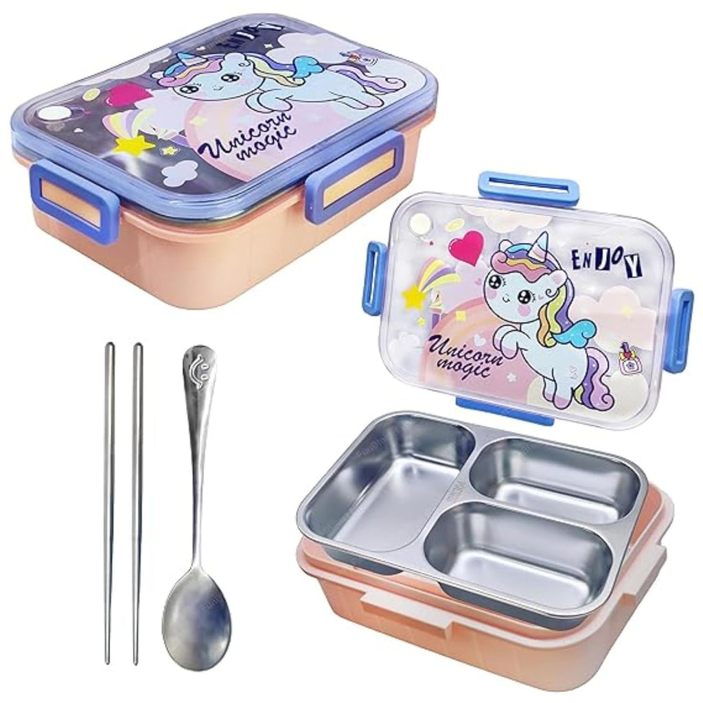 Unicorn-themed lunch box set with compartments, spoon, and chopsticks on a white background