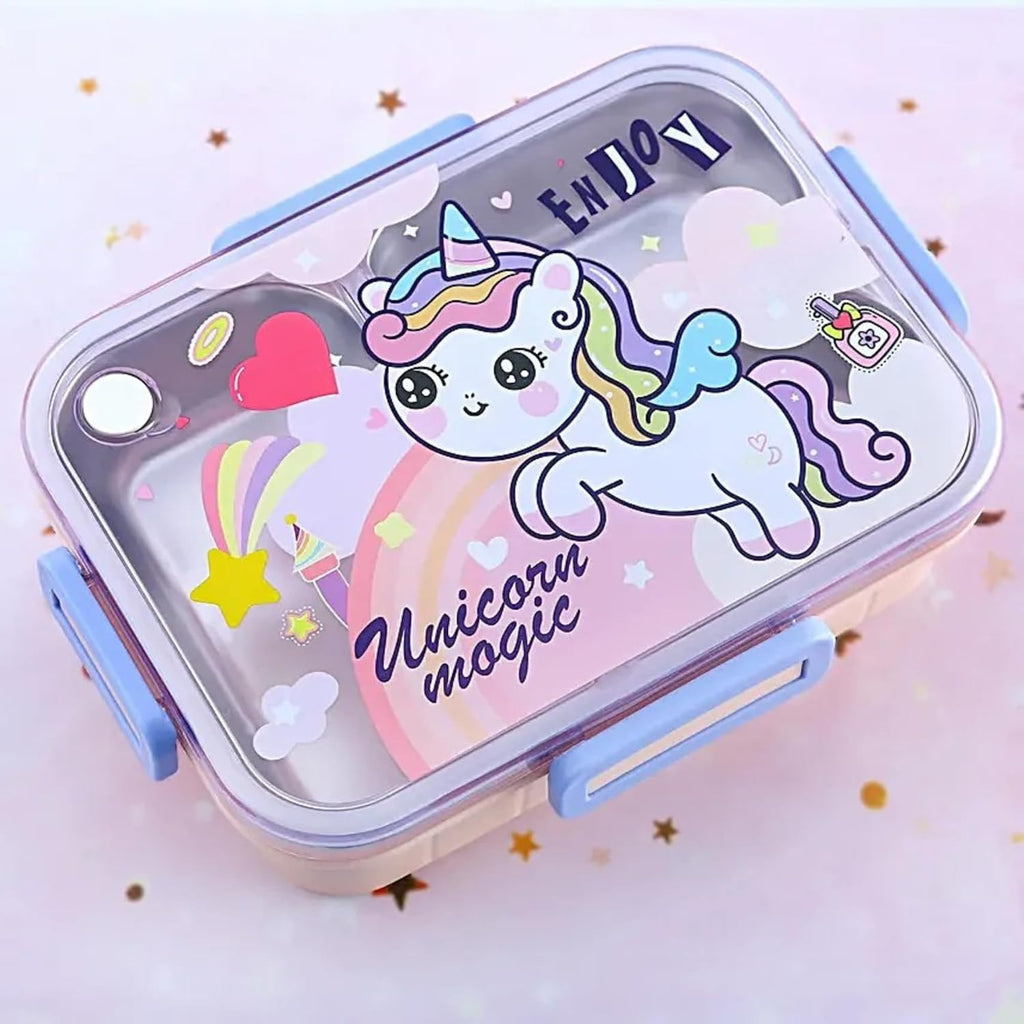 Children's lunch box with a unicorn design and 'Enjoy Unicorn Magic' text on a pink background.