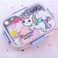 Children's lunch box with a unicorn design and 'Enjoy Unicorn Magic' text on a pink background.