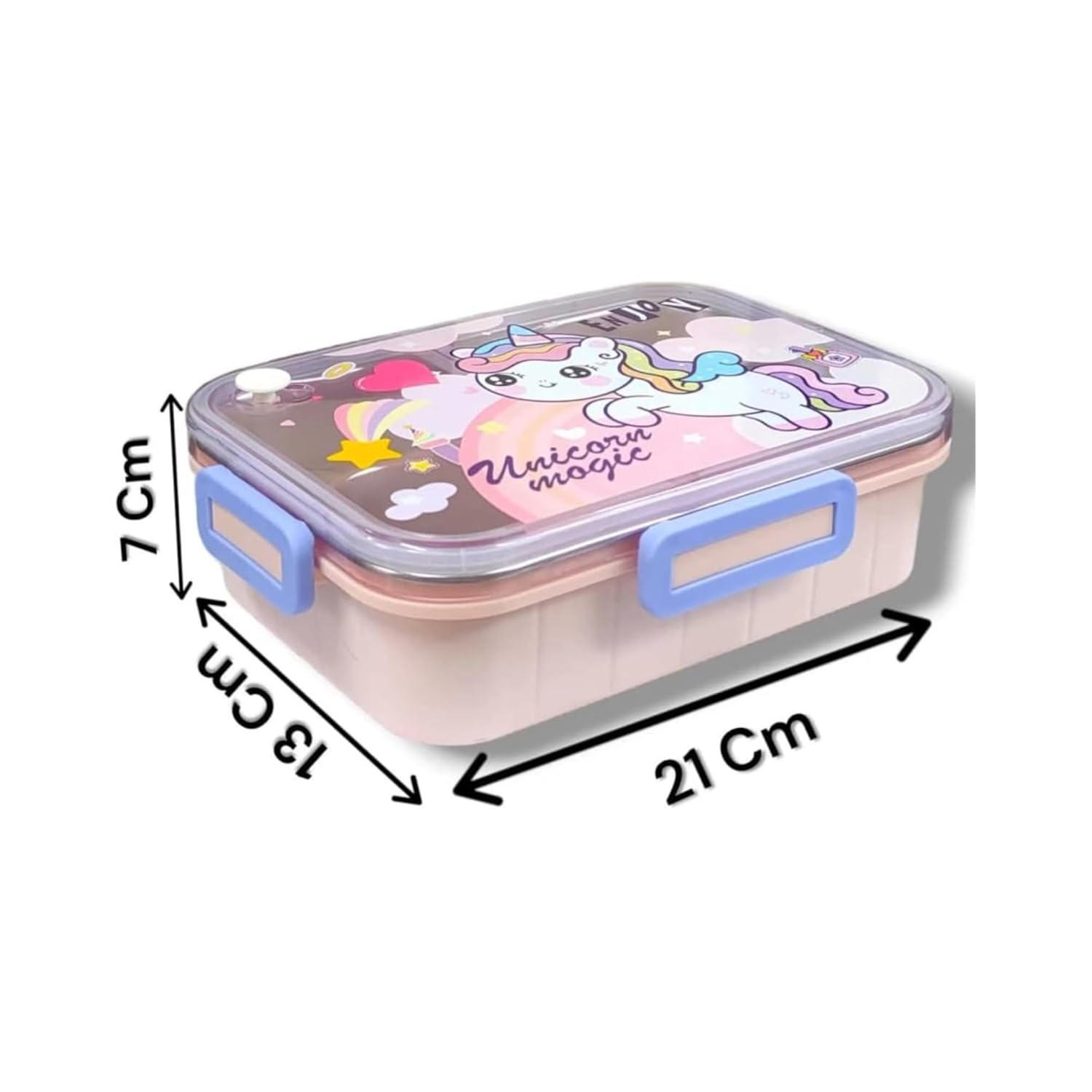 Unicorn-themed lunch box with dimensions on a white background