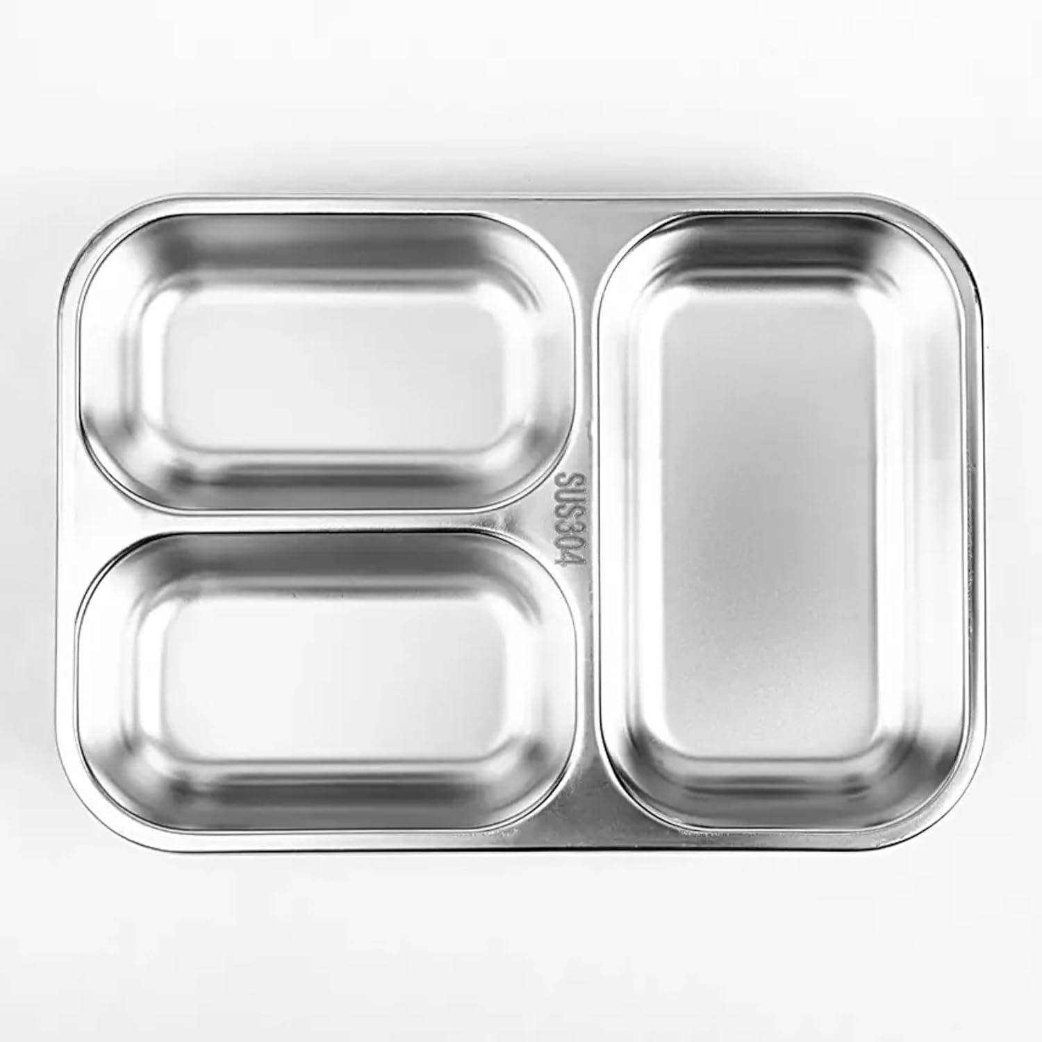 Stainless steel compartmentalized tray on a white background