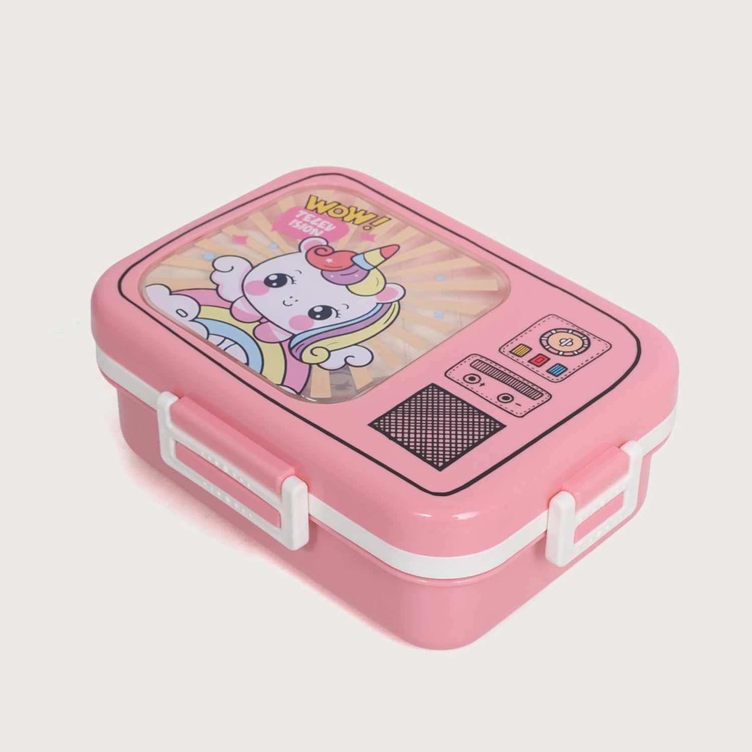 Pink lunch box with cartoon character and colorful design on a light pink background