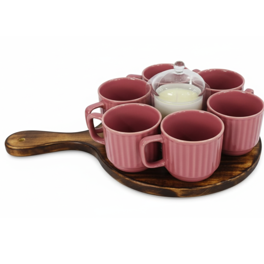 6-Piece Ribbed Ceramic Coffee Mug Set with Wooden Serving Tray & Creamer Dailyalley