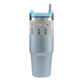 Silver glittery tumbler with a straw on a white background