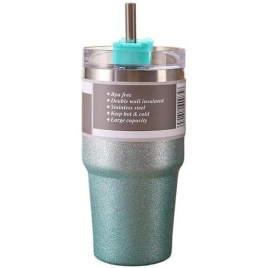 Teal glittery tumbler with a straw on a white background