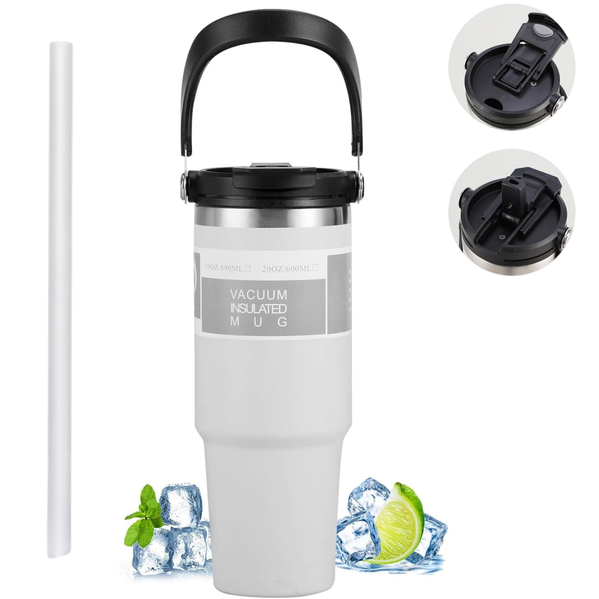 DailyAlley White Travel Mug - A stylish and insulated travel mug with a handle, perfect for keeping your drinks hot or cold on the go. Dailyalley