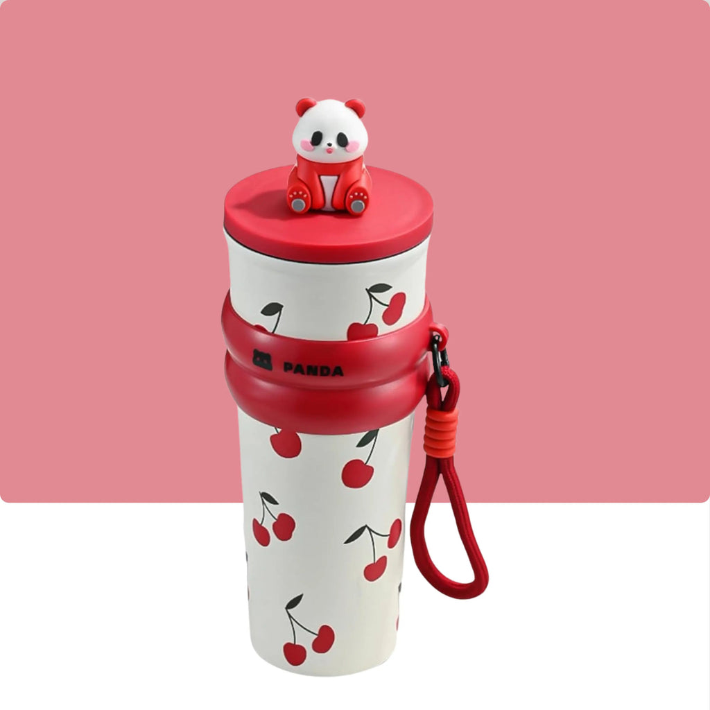 Children's water bottle with cherry design and panda character on a pink background