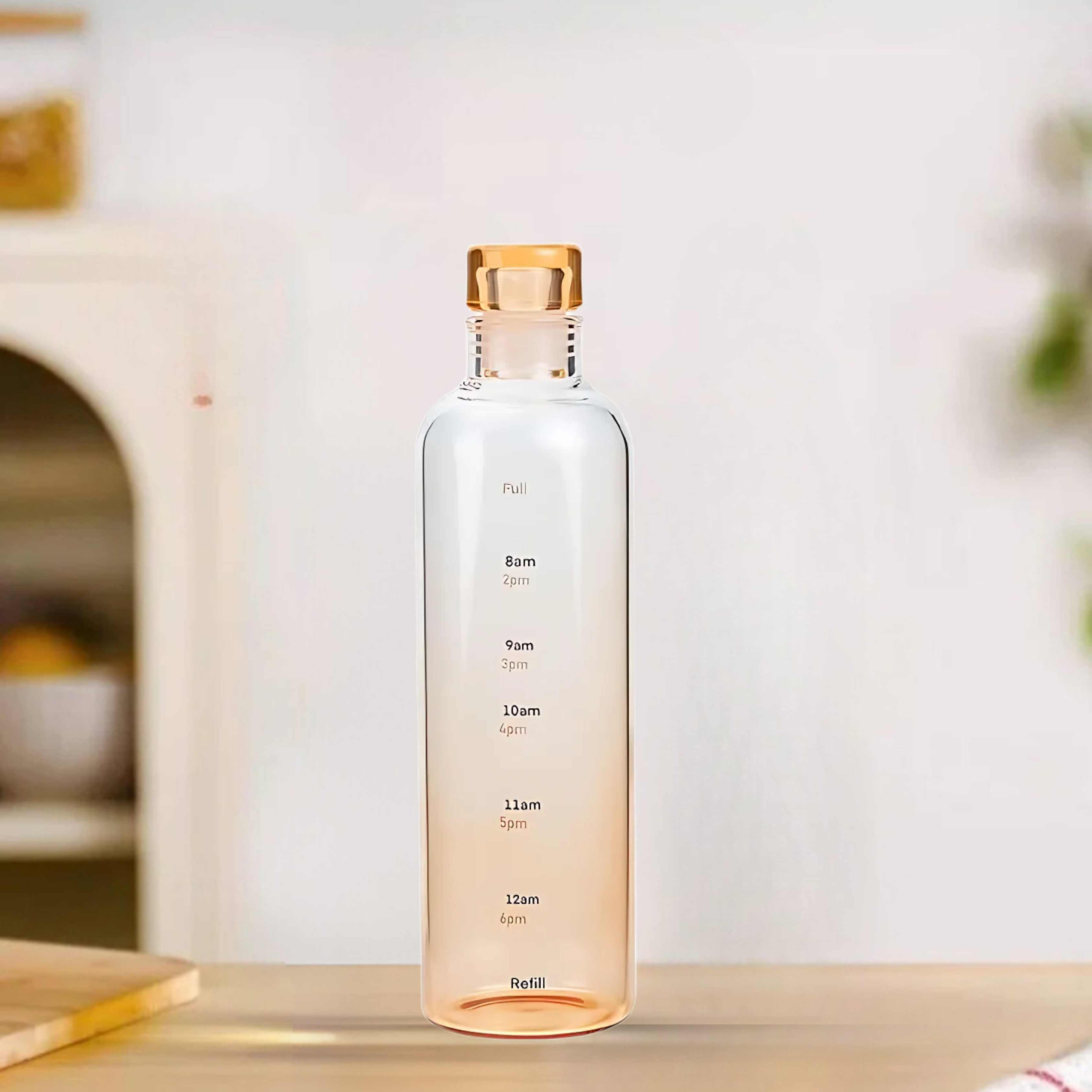 Clear water bottle with measurement markings on a wooden surface