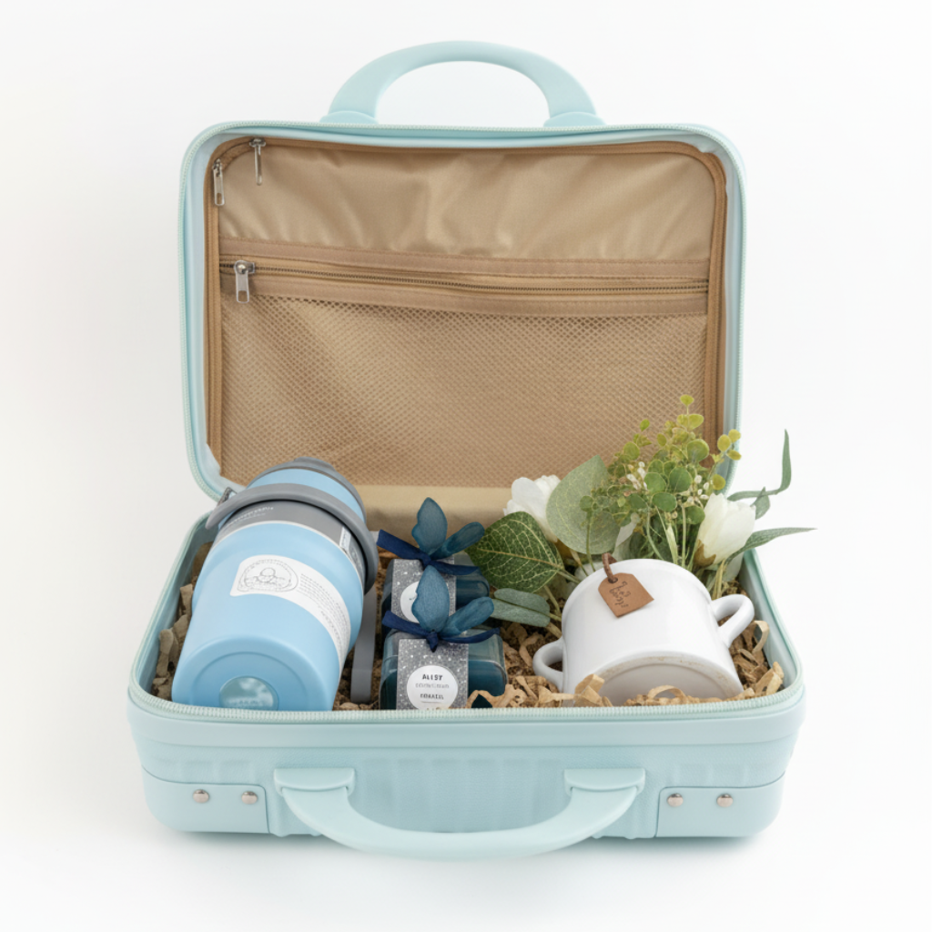 Curated Gift Hamper: A thoughtful gift set with a tumbler, ceramic mug, chocolates, and faux florals for any occasion. Dailyalley