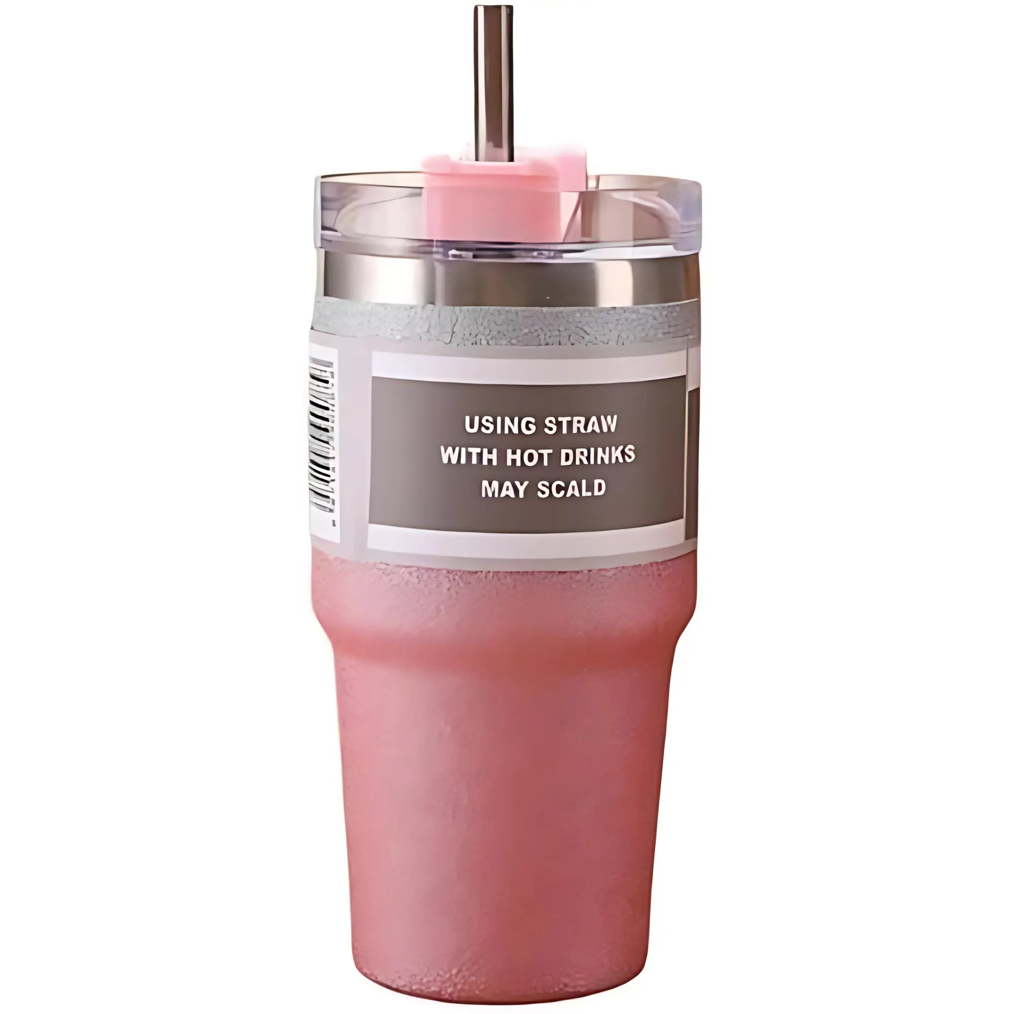Pink tumbler with straw lid on a white background