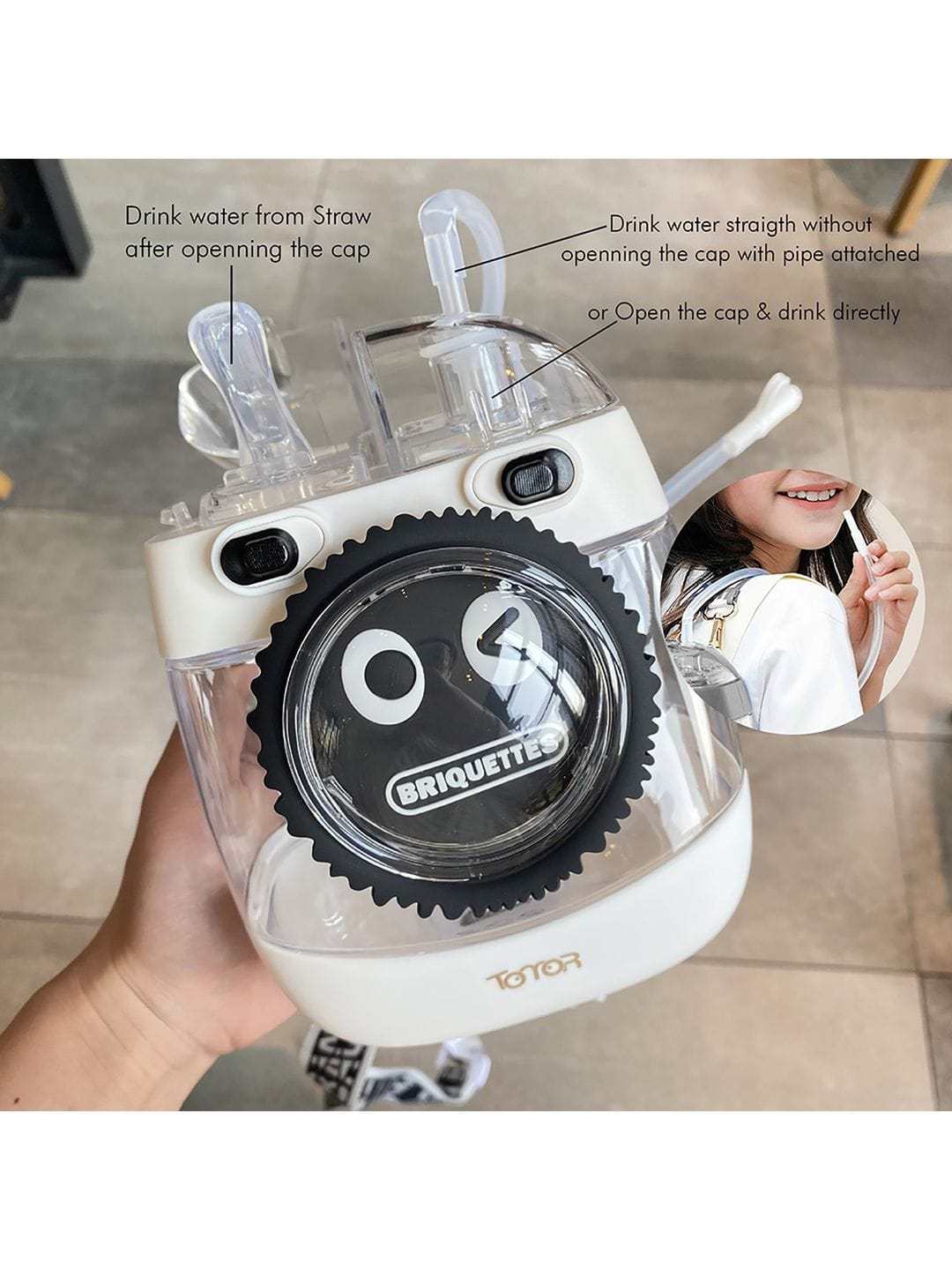 Kids Water Bottle with Straw 1000ml, Leakproof Tritan Sipper, Backpack Style with Adjustable Strap, BPA Free, Easy Clean Portable School Bottle (White)