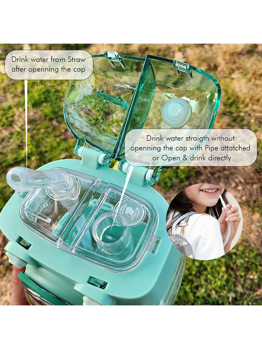 Kids Water Bottle with Straw 1000ml, Leakproof Tritan Sipper, Backpack Style with Adjustable Strap, BPA Free, Easy Clean Portable School Bottle (Green)