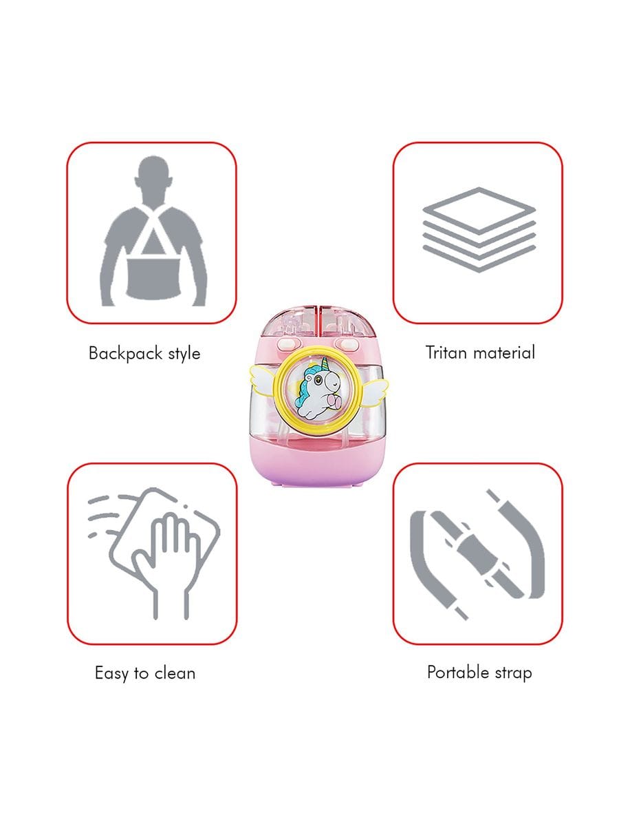 Kids Water Bottle with Straw 1000ml, Leakproof Tritan Sipper, Backpack Style with Adjustable Strap, BPA Free, Easy Clean Portable School Bottle (Pink)