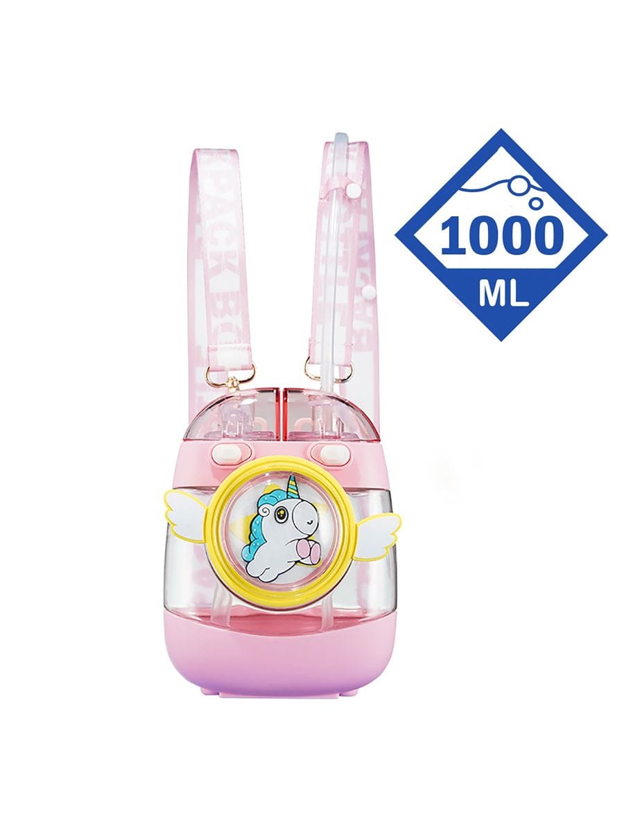 Kids Water Bottle with Straw 1000ml, Leakproof Tritan Sipper, Backpack Style with Adjustable Strap, BPA Free, Easy Clean Portable School Bottle (Pink)