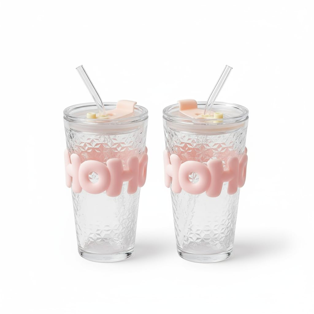 DailyAlley Glass Sipper Tumbler with Straw | Set of 2 | 450ml Stylish Cup for Cold & Hot Drinks | Reusable Travel Mug for Office, Gym, Home (Transparent, Yellow)