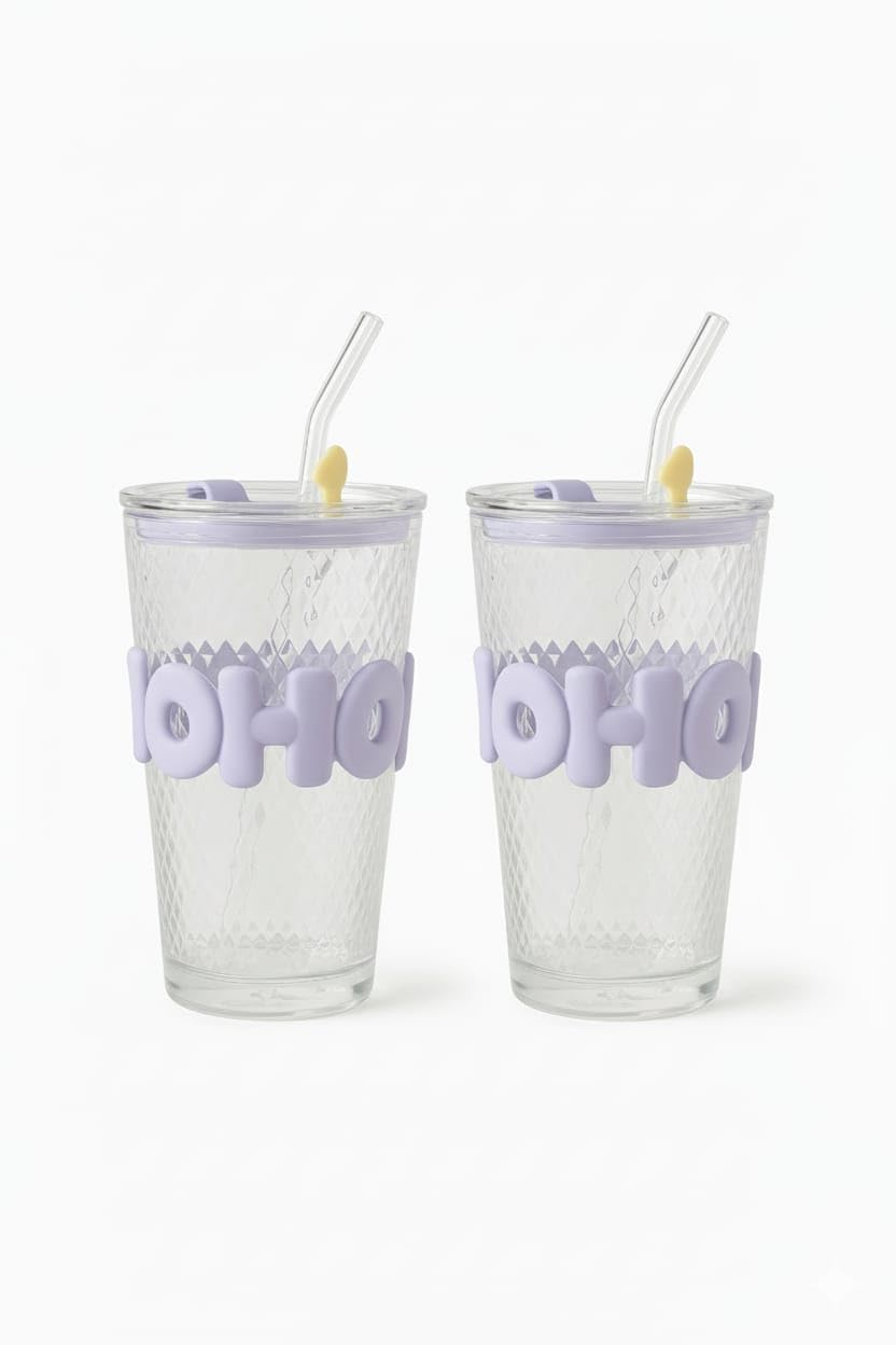DailyAlley Glass Sipper Tumbler with Straw | Set of 2 | 450ml Stylish Cup for Cold & Hot Drinks | Reusable Travel Mug for Office, Gym, Home (Transparent, Yellow)