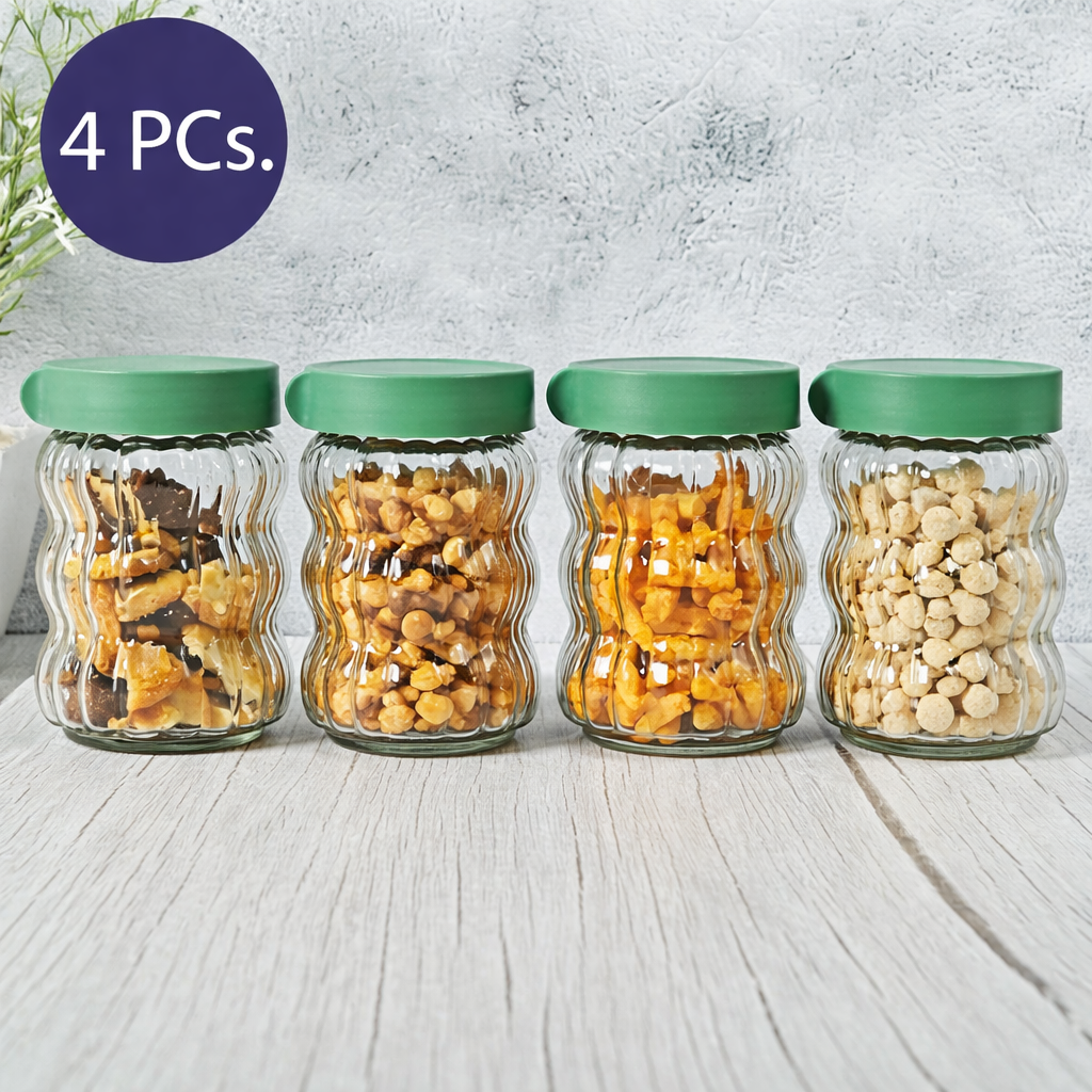 Airtight Glass Storage Jar Set with Green Lids (Set of 9) | Ribbed Kitchen Containers for Spices, Dry Fruits, Grains & Oil