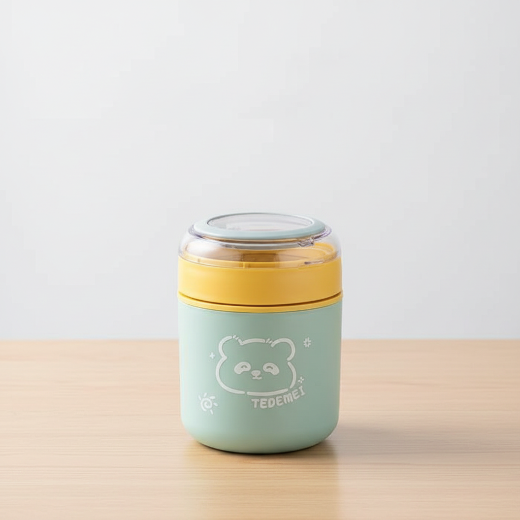 Product photoshoot of mint green food storage container on table