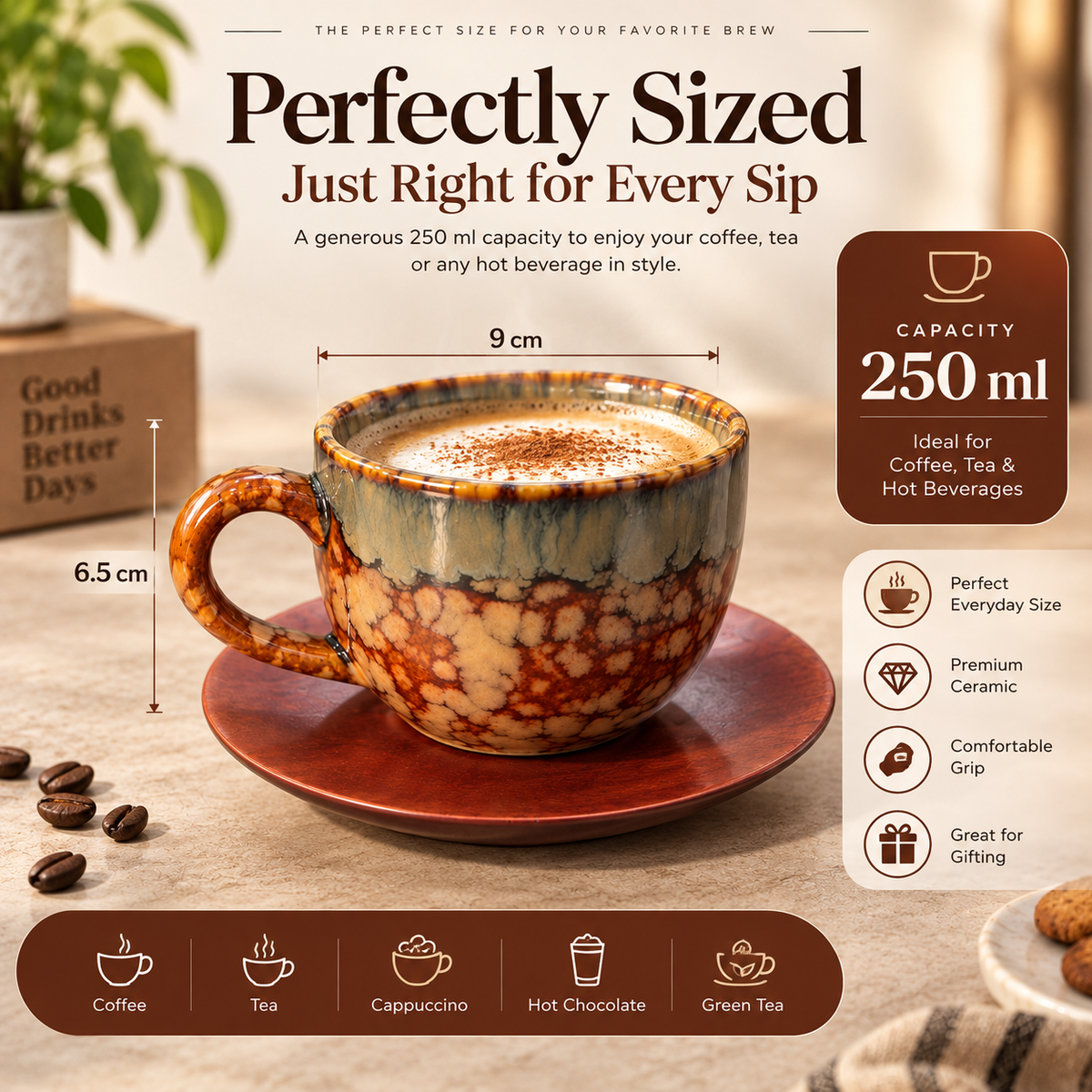 Premium Ceramic Coffee Mugs Set of 6 with Saucers | Handmade Look Glazed Tea Cups for Coffee, Tea & Hot Beverages | Stylish Cups Set for Home, Office & Gifting