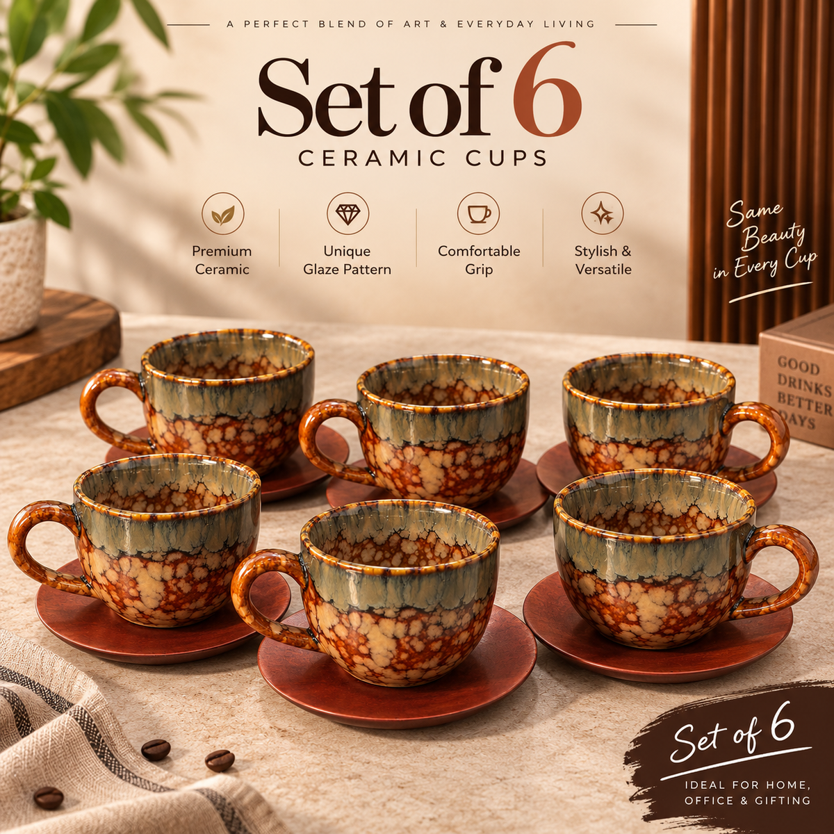Premium Ceramic Coffee Mugs Set of 6 with Saucers | Handmade Look Glazed Tea Cups for Coffee, Tea & Hot Beverages | Stylish Cups Set for Home, Office & Gifting