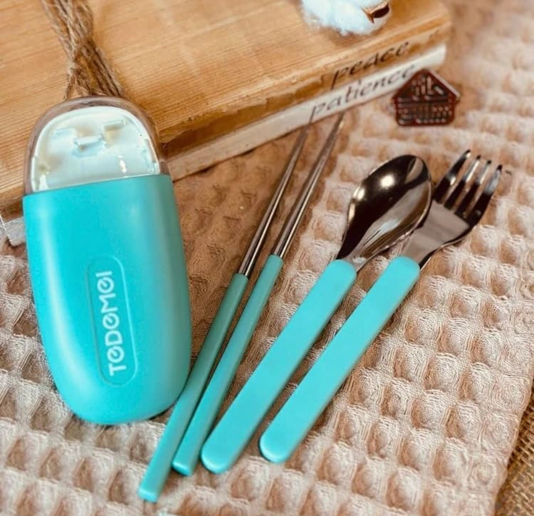Cute Travel Cutlery Set | Stainless Steel Pocket Size Portable Fork, Spoon & Chopsticks | Assorted Colour