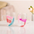 Floral Glass Cup (Pack of 2) | Transparent Double Wall Mug with Feathers | Large 450ml Designer Tea & Coffee Cup for Coffee, Juices, Drinks, Home & Gifting (Big-Multicolor)