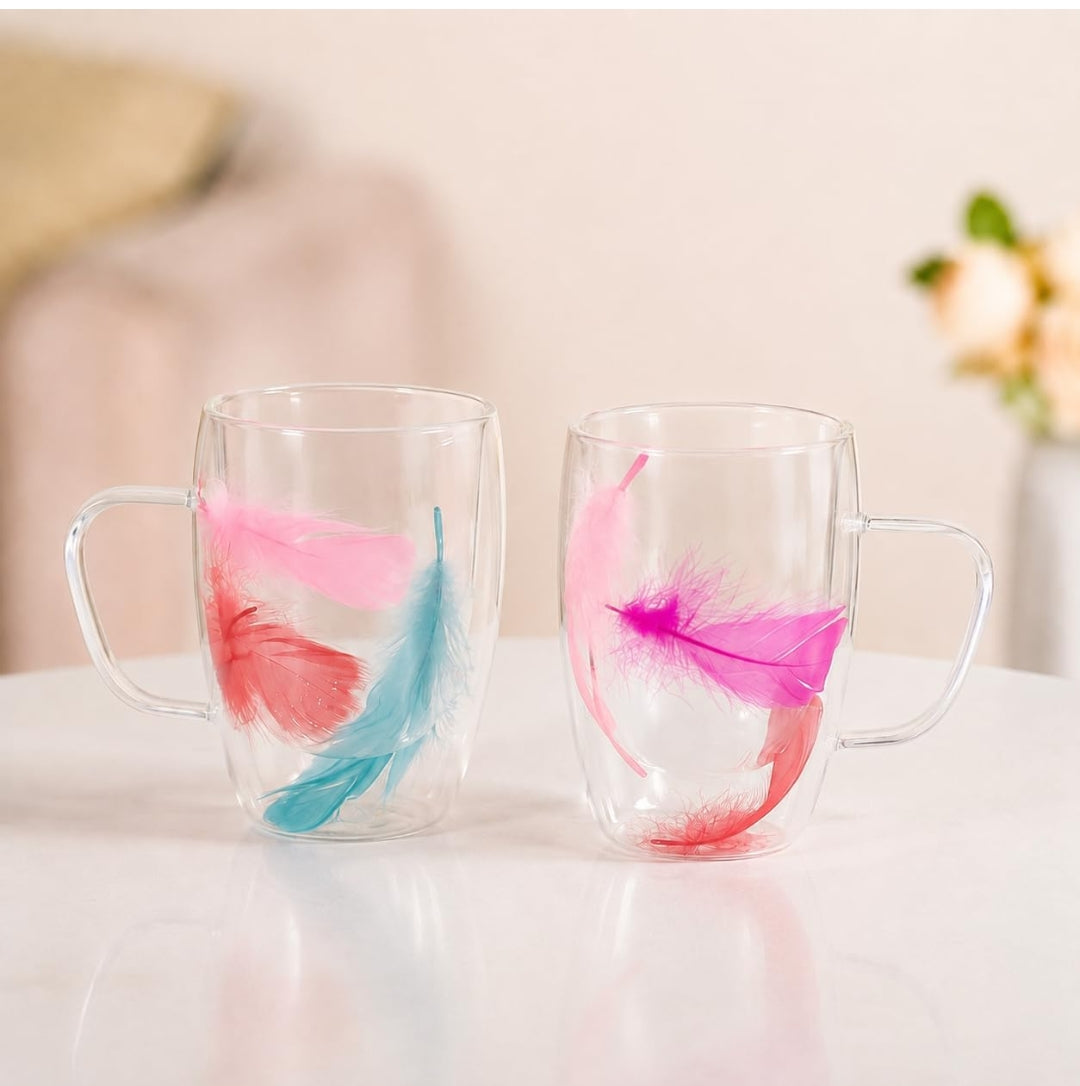 Floral Glass Cup (Pack of 2) | Transparent Double Wall Mug with Feathers | Large 450ml Designer Tea & Coffee Cup for Coffee, Juices, Drinks, Home & Gifting (Big-Multicolor)